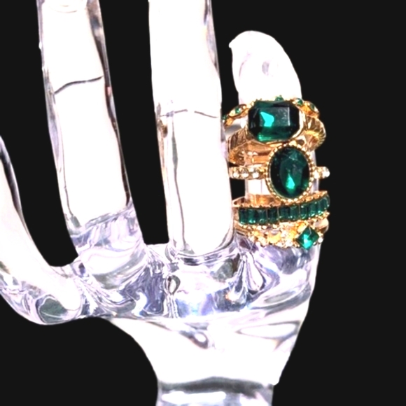 Ring Set Green Zirconias Gold Tone - Picture 8 of 10